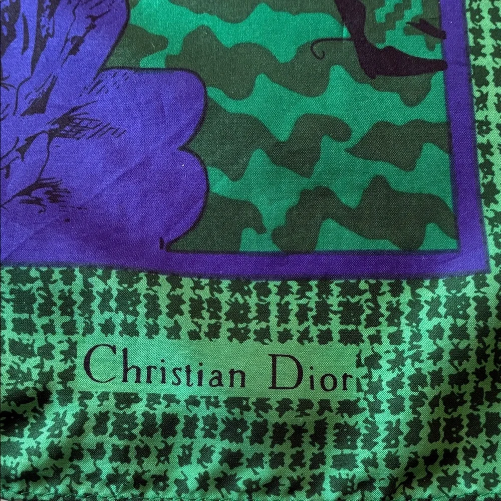 Christian Dior Green Purple and Gold 100% Silk Scarf with Floral Paisley Motif